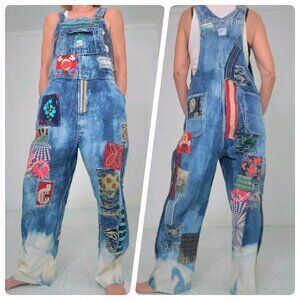 Denim Overalls, Vintage Overalls, vintage patches, upcycled jeans, Patchwork